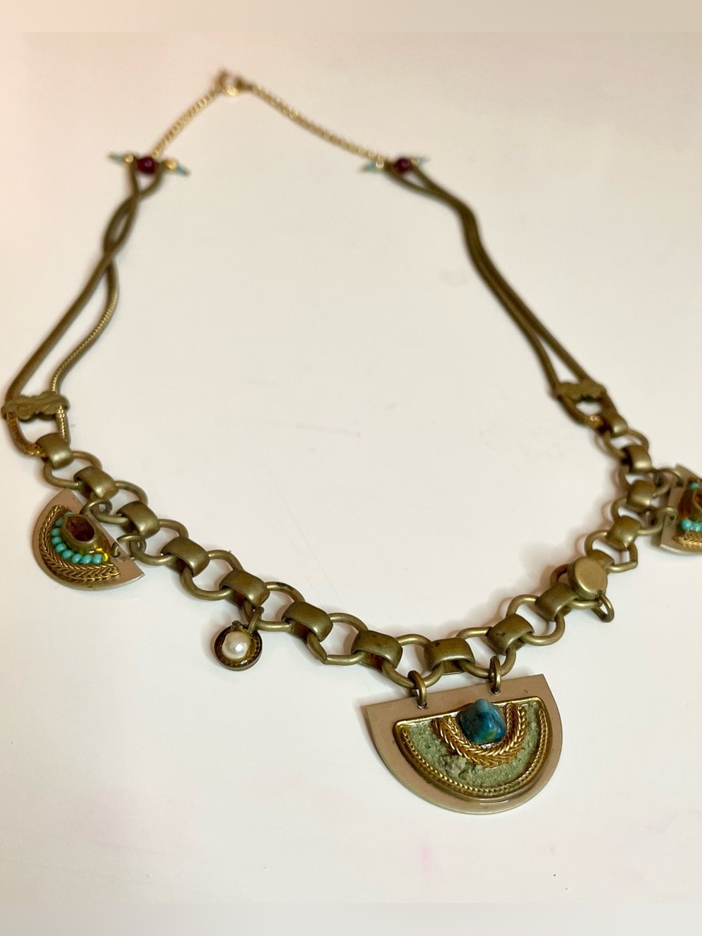 Ayalabar Turquoise Accent Brass Chain Necklace  Boho Jewelry